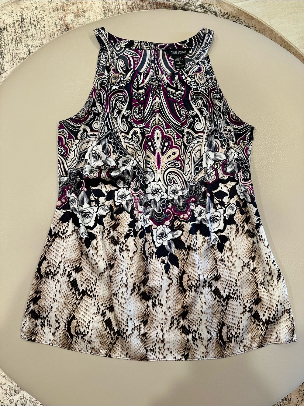 White House Black Market Black Beige Cream Paisley & Snake-Print Sleeveless Tank